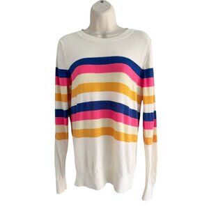 Banana Republic Woman's Sz M Washable Merino Wool Stripe Sweater Cream Blue Pink